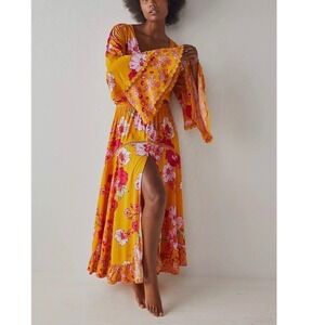 NWT Free People x Intimately Wildflower Med Maxi Dress Gold Floral Bell Sleeve